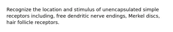 Recognize the location and stimulus of unencapsulated simple receptors including, free dendritic nerve endings, Merkel discs, hair follicle receptors.