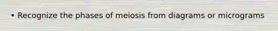 • Recognize the phases of meiosis from diagrams or micrograms