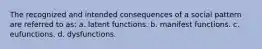 The recognized and intended consequences of a social pattern are referred to as: a. latent functions. b. manifest functions. c. eufunctions. d. dysfunctions.