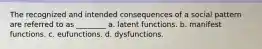 The recognized and intended consequences of a social pattern are referred to as ________ a. latent functions. b. manifest functions. c. eufunctions. d. dysfunctions.