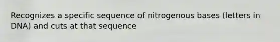 Recognizes a specific sequence of nitrogenous bases (letters in DNA) and cuts at that sequence