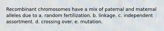 Recombinant chromosomes have a mix of paternal and maternal alleles due to a. random fertilization. b. linkage. c. independent assortment. d. crossing over. e. mutation.