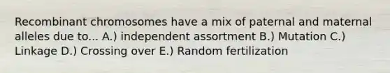 Recombinant chromosomes have a mix of paternal and maternal alleles due to... A.) independent assortment B.) Mutation C.) Linkage D.) Crossing over E.) Random fertilization