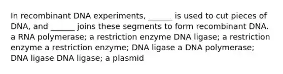 In recombinant DNA experiments, ______ is used to cut pieces of DNA, and ______ joins these segments to form recombinant DNA. a RNA polymerase; a restriction enzyme DNA ligase; a restriction enzyme a restriction enzyme; DNA ligase a DNA polymerase; DNA ligase DNA ligase; a plasmid