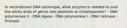 In recombinant DNA technique, what enzyme is needed to seal the sticky ends of genes into plasmids or chromosomes? - DNA polymerase II - DNA ligase - DNA polymerase I - DNA helicase - Primase