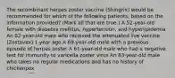 The recombinant herpes zoster vaccine (Shingrix) would be recommended for which of the following patients, based on the information provided? (Mark all that are true.) A 52-year-old female with diabetes mellitus, hypertension, and hyperlipidemia An 82-year-old male who received the attenuated live vaccine (Zostavax) 1 year ago A 69-year-old male with a previous episode of herpes zoster A 61-year-old male who had a negative test for immunity to varicella zoster virus An 83-year-old male who takes no regular medications and has no history of chickenpox