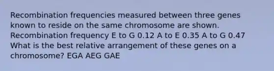 Recombination frequencies measured between three genes known to reside on the same chromosome are shown. Recombination frequency E to G 0.12 A to E 0.35 A to G 0.47 What is the best relative arrangement of these genes on a chromosome? EGA AEG GAE