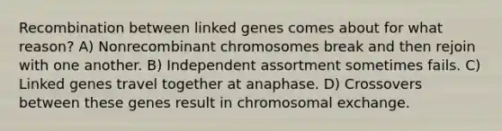 Recombination between linked genes comes about for what reason? A) Nonrecombinant chromosomes break and then rejoin with one another. B) Independent assortment sometimes fails. C) Linked genes travel together at anaphase. D) Crossovers between these genes result in chromosomal exchange.