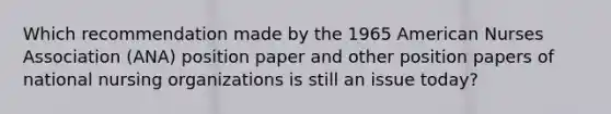 Which recommendation made by the 1965 American Nurses Association (ANA) position paper and other position papers of national nursing organizations is still an issue today?