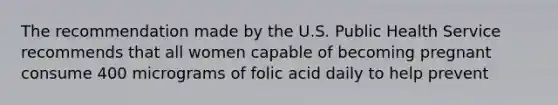 The recommendation made by the U.S. Public Health Service recommends that all women capable of becoming pregnant consume 400 micrograms of folic acid daily to help prevent