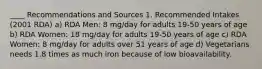 ____ Recommendations and Sources 1. Recommended Intakes (2001 RDA) a) RDA Men: 8 mg/day for adults 19-50 years of age b) RDA Women: 18 mg/day for adults 19-50 years of age c) RDA Women: 8 mg/day for adults over 51 years of age d) Vegetarians needs 1.8 times as much iron because of low bioavailability.