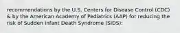 recommendations by the U.S. Centers for Disease Control (CDC) & by the American Academy of Pediatrics (AAP) for reducing the risk of Sudden Infant Death Syndrome (SIDS):