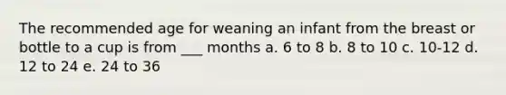 The recommended age for weaning an infant from the breast or bottle to a cup is from ___ months a. 6 to 8 b. 8 to 10 c. 10-12 d. 12 to 24 e. 24 to 36