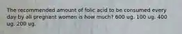 The recommended amount of folic acid to be consumed every day by all pregnant women is how much? 600 ug. 100 ug. 400 ug. 200 ug.