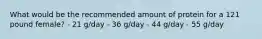 What would be the recommended amount of protein for a 121 pound female? - 21 g/day - 36 g/day - 44 g/day - 55 g/day