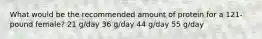 What would be the recommended amount of protein for a 121-pound female? 21 g/day 36 g/day 44 g/day 55 g/day