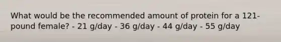 What would be the recommended amount of protein for a 121-pound female? - 21 g/day - 36 g/day - 44 g/day - 55 g/day