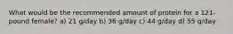 What would be the recommended amount of protein for a 121-pound female? a) 21 g/day b) 36 g/day c) 44 g/day d) 55 g/day