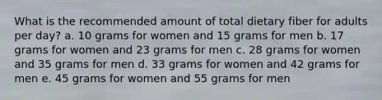 What is the recommended amount of total dietary fiber for adults per day?​ a. ​10 grams for women and 15 grams for men b. ​17 grams for women and 23 grams for men c. ​28 grams for women and 35 grams for men d. ​33 grams for women and 42 grams for men e. ​45 grams for women and 55 grams for men