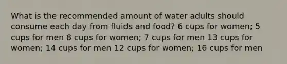 What is the recommended amount of water adults should consume each day from fluids and food? 6 cups for women; 5 cups for men 8 cups for women; 7 cups for men 13 cups for women; 14 cups for men 12 cups for women; 16 cups for men