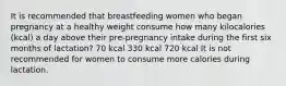 It is recommended that breastfeeding women who began pregnancy at a healthy weight consume how many kilocalories (kcal) a day above their pre-pregnancy intake during the first six months of lactation? 70 kcal 330 kcal 720 kcal It is not recommended for women to consume more calories during lactation.