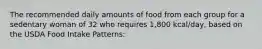 The recommended daily amounts of food from each group for a sedentary woman of 32 who requires 1,800 kcal/day, based on the USDA Food Intake Patterns: