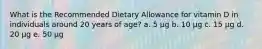 What is the Recommended Dietary Allowance for vitamin D in individuals around 20 years of age? a. 5 μg b. 10 μg c. 15 μg d. 20 μg e. 50 μg