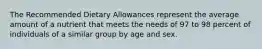 The Recommended Dietary Allowances represent the average amount of a nutrient that meets the needs of 97 to 98 percent of individuals of a similar group by age and sex.