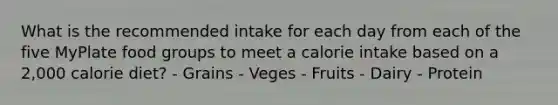 What is the recommended intake for each day from each of the five MyPlate food groups to meet a calorie intake based on a 2,000 calorie diet? - Grains - Veges - Fruits - Dairy - Protein