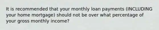 It is recommended that your monthly loan payments (INCLUDING your home mortgage) should not be over what percentage of your gross monthly income?