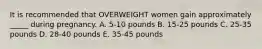 It is recommended that OVERWEIGHT women gain approximately _____ during pregnancy. A. 5-10 pounds B. 15-25 pounds C. 25-35 pounds D. 28-40 pounds E. 35-45 pounds