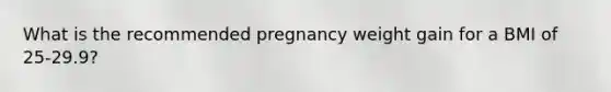 What is the recommended pregnancy weight gain for a BMI of 25-29.9?