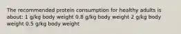 The recommended protein consumption for healthy adults is about: 1 g/kg body weight 0.8 g/kg body weight 2 g/kg body weight 0.5 g/kg body weight