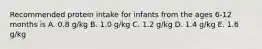 Recommended protein intake for infants from the ages 6-12 months is A. 0.8 g/kg B. 1.0 g/kg C. 1.2 g/kg D. 1.4 g/kg E. 1.6 g/kg