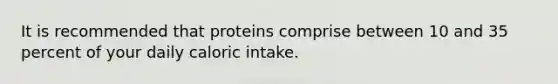 It is recommended that proteins comprise between 10 and 35 percent of your daily caloric intake.