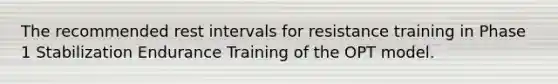 The recommended rest intervals for resistance training in Phase 1 Stabilization Endurance Training of the OPT model.