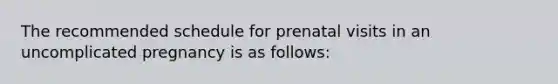 The recommended schedule for prenatal visits in an uncomplicated pregnancy is as follows: