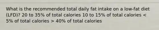 What is the recommended total daily fat intake on a low-fat diet (LFD)? 20 to 35% of total calories 10 to 15% of total calories 40% of total calories