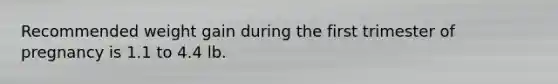Recommended weight gain during the first trimester of pregnancy is 1.1 to 4.4 lb.