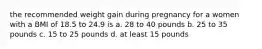 the recommended weight gain during pregnancy for a women with a BMI of 18.5 to 24.9 is a. 28 to 40 pounds b. 25 to 35 pounds c. 15 to 25 pounds d. at least 15 pounds