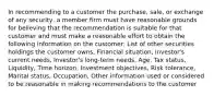 In recommending to a customer the purchase, sale, or exchange of any security, a member firm must have reasonable grounds for believing that the recommendation is suitable for that customer and must make a reasonable effort to obtain the following information on the customer: List of other securities holdings the customer owns, Financial situation, Investor's current needs, Investor's long-term needs, Age, Tax status, Liquidity, Time horizon, Investment objectives, Risk tolerance, Marital status, Occupation, Other information used or considered to be reasonable in making recommendations to the customer