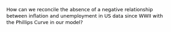 How can we reconcile the absence of a negative relationship between inflation and unemployment in US data since WWII with the Phillips Curve in our model?