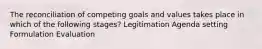 The reconciliation of competing goals and values takes place in which of the following stages? Legitimation Agenda setting Formulation Evaluation