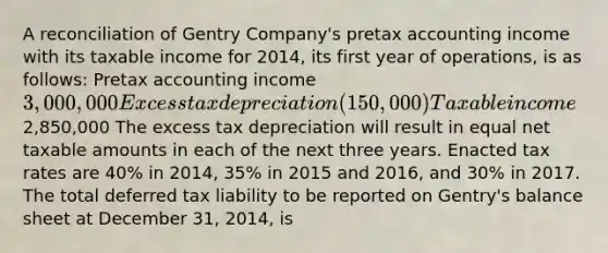 A reconciliation of Gentry Company's pretax accounting income with its taxable income for 2014, its first year of operations, is as follows: Pretax accounting income 3,000,000 Excess tax depreciation (150,000) Taxable income2,850,000 The excess tax depreciation will result in equal net taxable amounts in each of the next three years. Enacted tax rates are 40% in 2014, 35% in 2015 and 2016, and 30% in 2017. The total deferred tax liability to be reported on Gentry's balance sheet at December 31, 2014, is