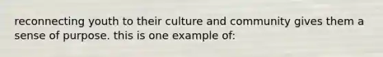 reconnecting youth to their culture and community gives them a sense of purpose. this is one example of: