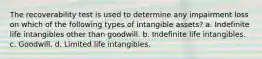 The recoverability test is used to determine any impairment loss on which of the following types of intangible assets? a. Indefinite life intangibles other than goodwill. b. Indefinite life intangibles. c. Goodwill. d. Limited life intangibles.