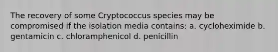 The recovery of some Cryptococcus species may be compromised if the isolation media contains: a. cycloheximide b. gentamicin c. chloramphenicol d. penicillin