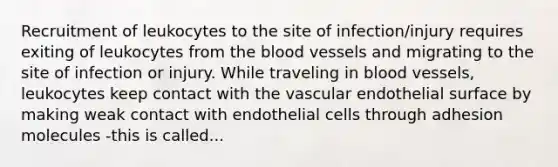 Recruitment of leukocytes to the site of infection/injury requires exiting of leukocytes from the blood vessels and migrating to the site of infection or injury. While traveling in blood vessels, leukocytes keep contact with the vascular endothelial surface by making weak contact with endothelial cells through adhesion molecules -this is called...