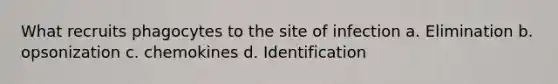 What recruits phagocytes to the site of infection a. Elimination b. opsonization c. chemokines d. Identification