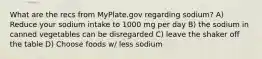 What are the recs from MyPlate.gov regarding sodium? A) Reduce your sodium intake to 1000 mg per day B) the sodium in canned vegetables can be disregarded C) leave the shaker off the table D) Choose foods w/ less sodium